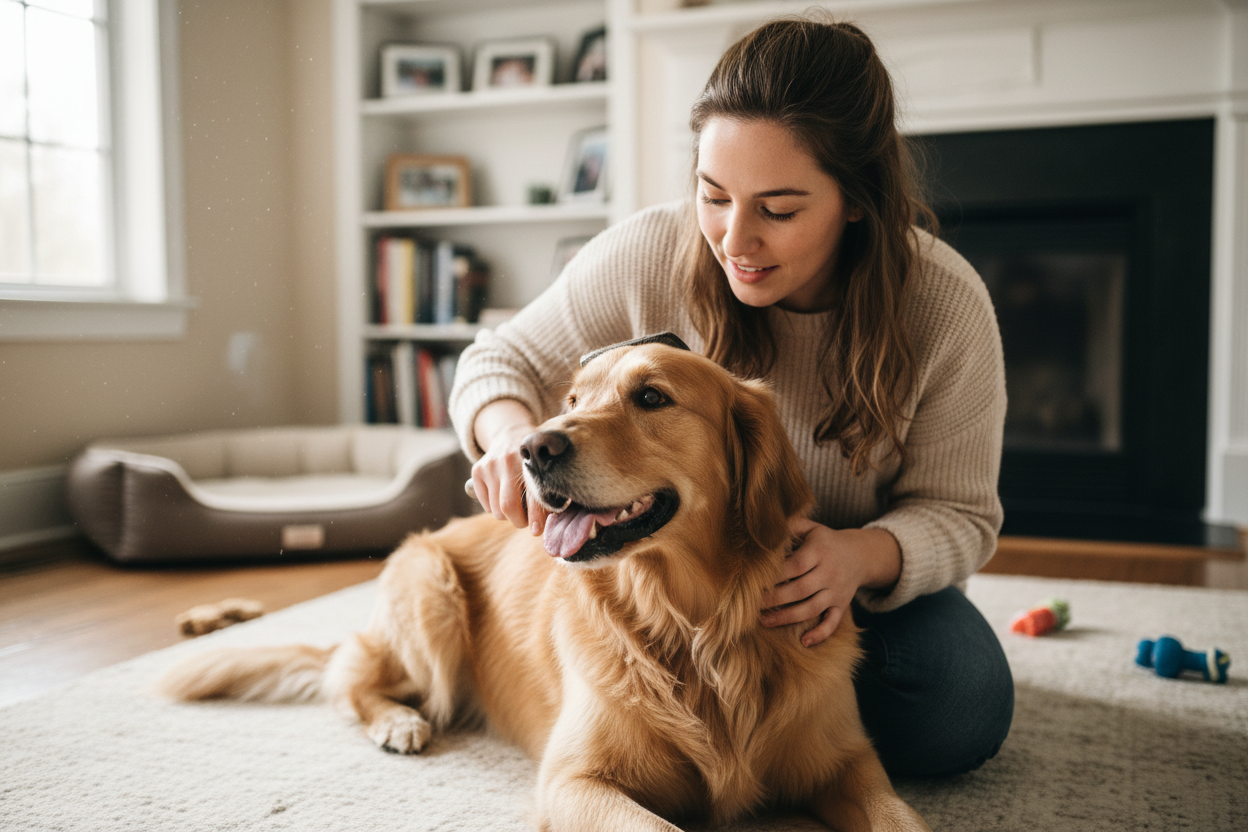 Frau die ihren Hund pflegt